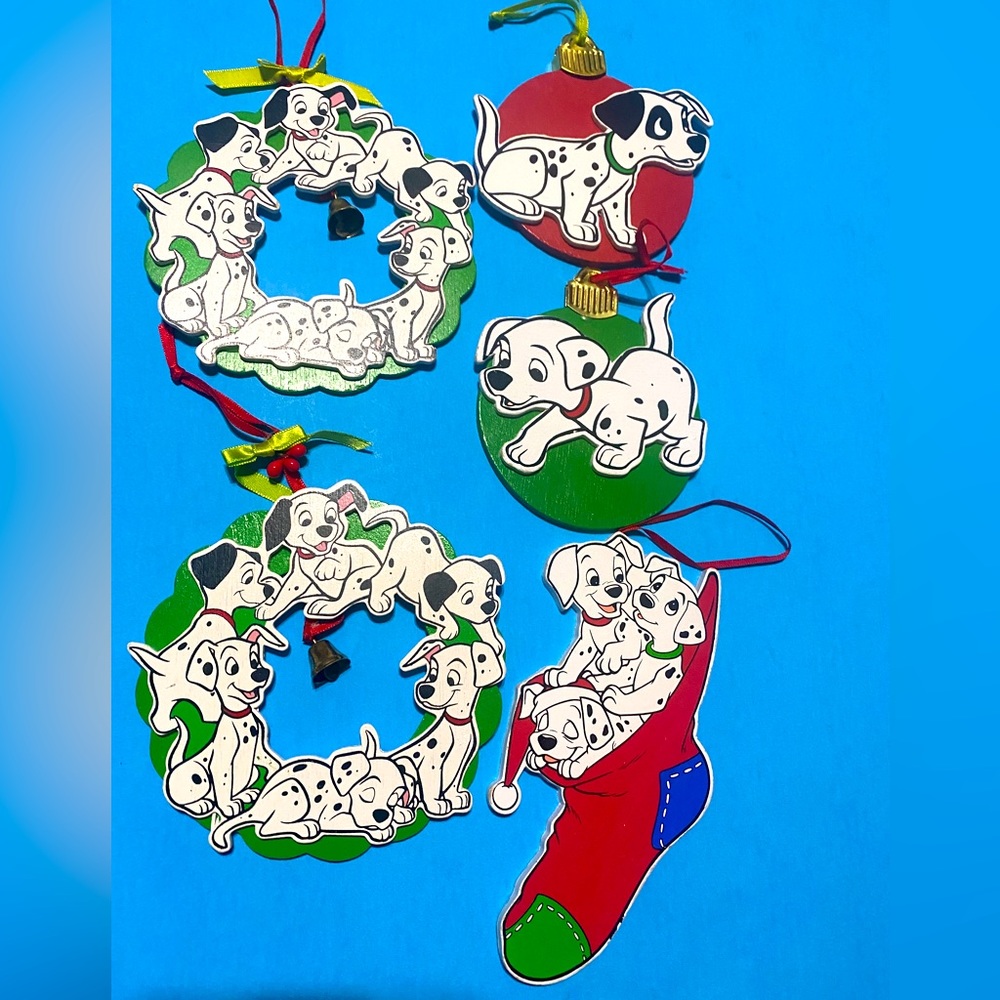 WALT DISNEY’S 101 DALMATIANS VTG 80s KURT ALDER WOODEN CHRISTMAS ORNAMENTS (5)